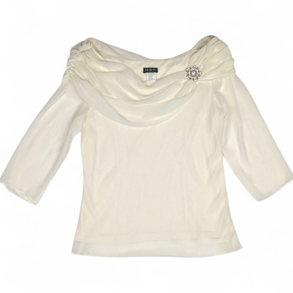 MSK Blouse Off-Shoulder Chiffon Top Cream Silver Tone Flower Brooch Womens Large - Picture 9 of 12